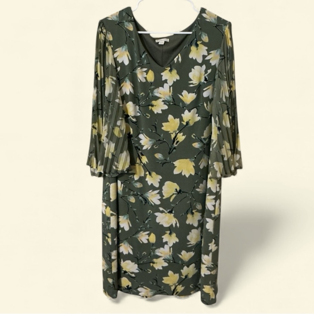 💡CEST 1946 GREEN FLORAL PLEAT SLEEVES V NECK MIDI DRESS